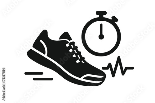 Running shoe, stopwatch, and heart rate pulse line symbolizing fitness training and performance tracking