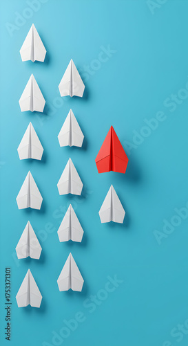 Paper airplanes formation on blue background