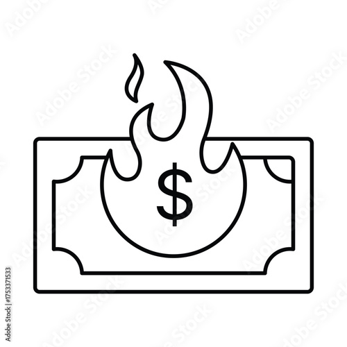 Dollar Banknotes with Fire vector Hyperinflation concept line icon