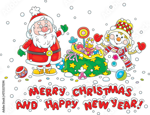 Merry Christmas and happy New Year card with Santa Claus, Snowman and a magical bag of winter holiday gifts for little children, vector cartoon illustration on a white background