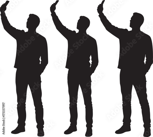 Three men taking selfies in silhouette