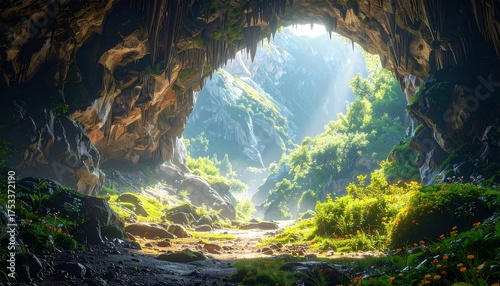 A scenic cave entrance reveals a lush landscape with greenery, sunlight, and a path leading into the bright vista