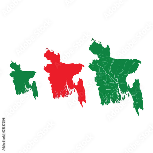 Detailed maps of Bangladesh showcasing geographical diversity and political boundaries in vibrant red and green against a clean white background
