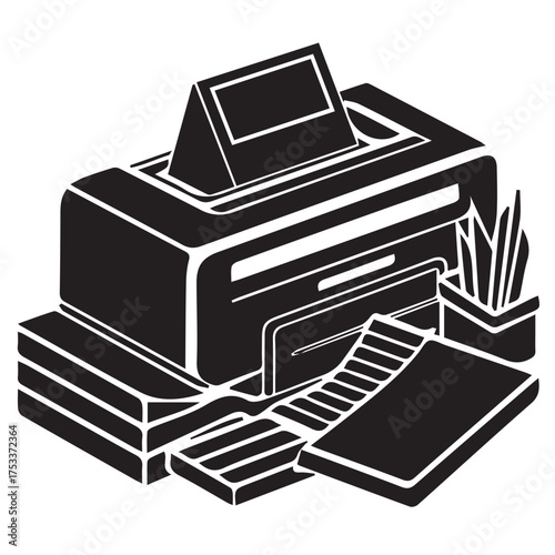Black and white vector illustration of a printer, isolated on white background the printer is a device that accepts text and graphic output from a computer and transfers the information to paper