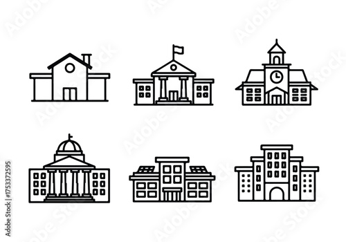Diverse Collection of Building Icons Representing Various Institutions and Architectural Styles Educational and Governmental Buildings