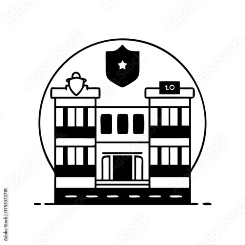 Illustration of a police station building with a shield in circle