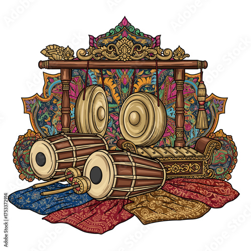 Intricate Javanese Gamelan ensemble with ornate textiles, capturing Indonesia's rich cultural heritage and musical artistry, perfect for travel and educational purposes