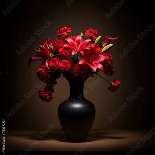 Red flowers in black vase