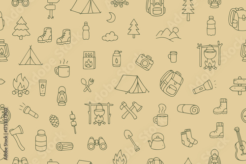 A seamless pattern of hand-drawn camping, travel, and hiking elements on a green background. A trendy backdrop for packaging, flyers, templates, postcards, printed materials, and summer camp souvenirs