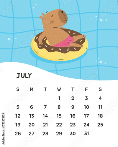 July summer month calendar with funny capybara