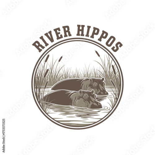 hippopotamus nature animal african river water circle bushes logo illustration