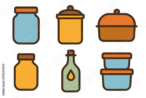 Kitchen storage containers jars bottles and food boxes in a retro color palette