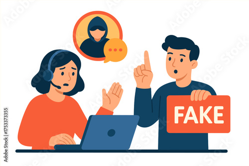 Customer support agent identifying online fraud and misinformation with colleague holding warning sign