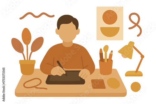 Graphic designer working on a digital drawing tablet surrounded by creative tools and abstract art
