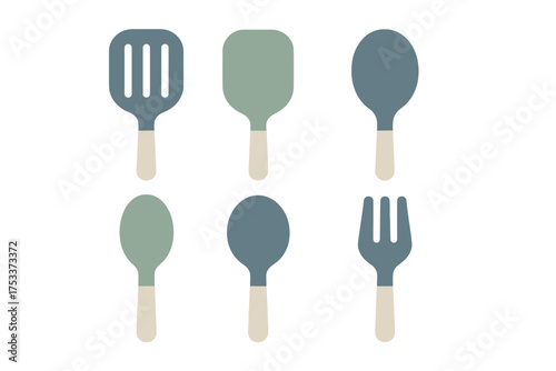 Set of modern kitchen tools featuring spatulas, serving spoons, and a large fork with beige handles