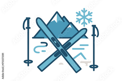 Crossed alpine skis and poles with snowy mountain peaks and large snowflake design