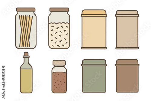 Set of kitchen pantry storage containers: jars, tins, bottles, and canisters holding various food ingredients