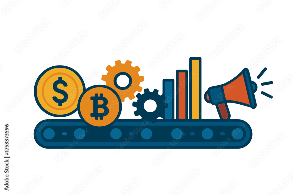 Obraz premium Financial technology process with cryptocurrency and traditional money symbols on a conveyor belt