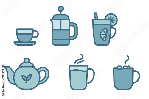 Collection of six stylized icons for hot beverages and coffee brewing equipment