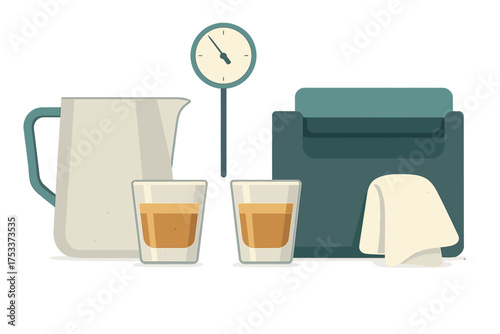 Professional barista equipment setup featuring a milk frothing pitcher espresso shot glasses and a temperature gauge