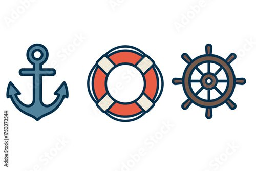 Nautical symbols set featuring ship anchor, life ring, and wooden helm