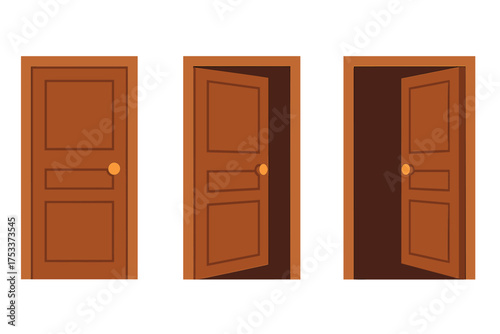 Three brown wooden doors showing stages of opening closed partially open and fully open