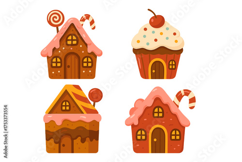 Cute cartoon gingerbread houses and cupcake house decorated with holiday sweets