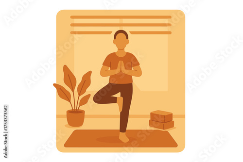 Person practicing yoga Tree Pose indoors on a mat near a window and houseplant