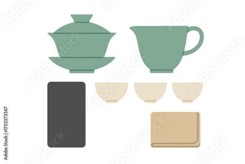 Traditional Asian tea ceremony set components including gaiwan, fairness cup, and small drinking bowls