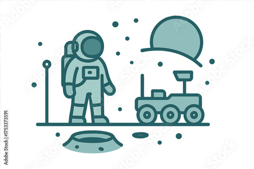 Astronaut standing next to a robotic rover on a desolate alien planet surface
