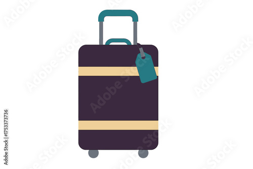 Dark purple rolling suitcase with yellow stripes and a teal luggage tag ready for travel