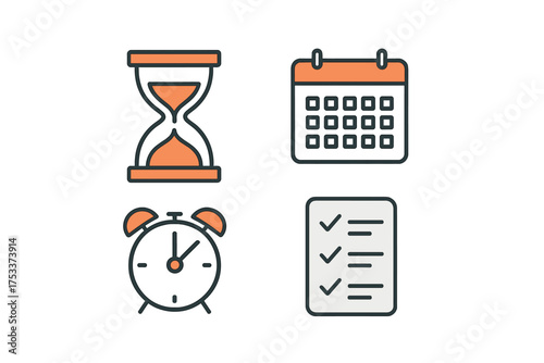Time management and scheduling concepts with hourglass, calendar, and checklist symbols