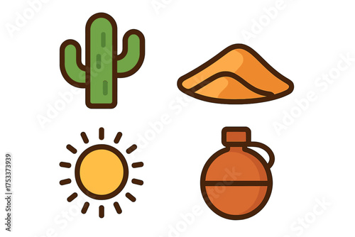 Four essential desert climate icons including cactus plant sand dune bright sun and traditional water canteen