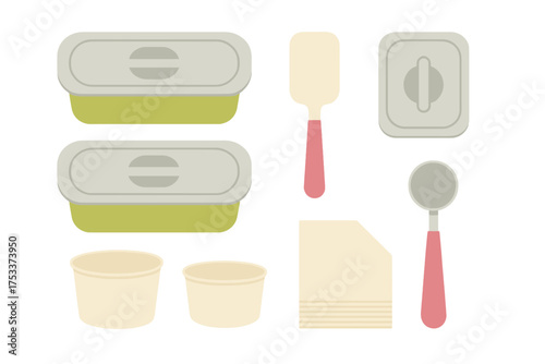 Assortment of food storage containers, disposable paper cups, serving spatula, and ice cream scoop