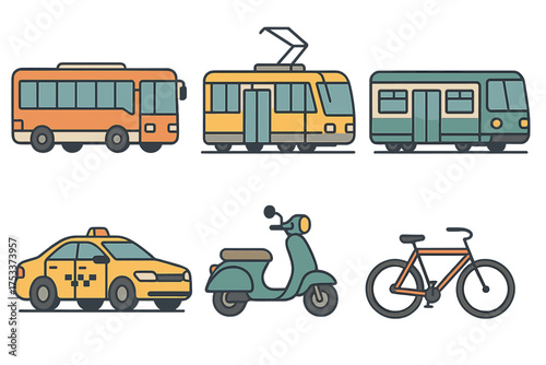 Public and private city transport vehicles including bus tram train taxi scooter and bicycle