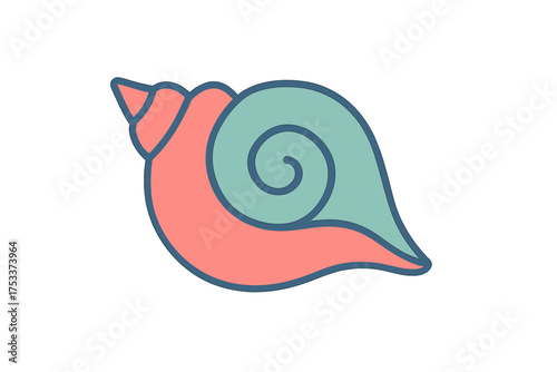 Stylized marine conch shell icon in coral pink and teal colors with thick blue outline on white background