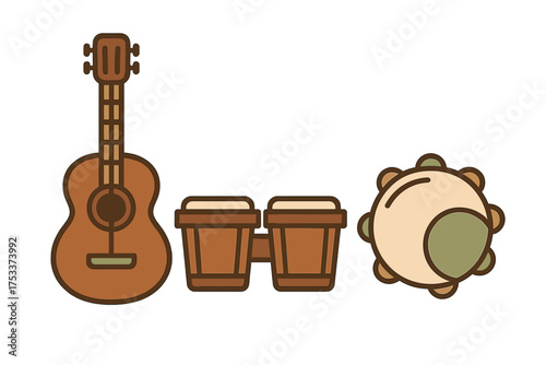 Acoustic guitar, bongo drums, and tambourine musical instruments collection