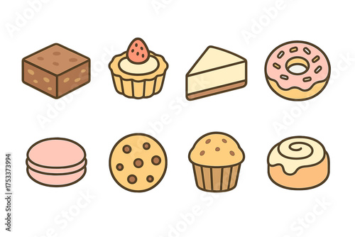 Collection of eight popular sweet desserts and baked goods including donut cookie and cheesecake symbols