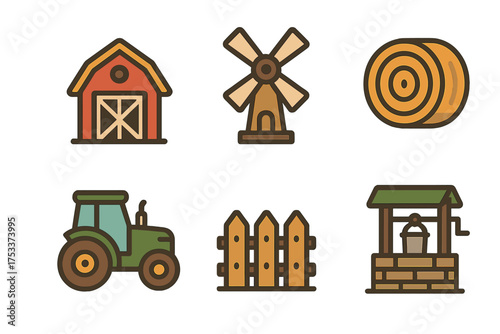 Agricultural and farming elements including barn windmill tractor hay bale fence and water well