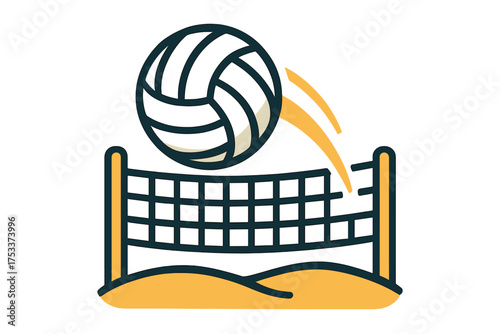 Beach volleyball game action with a ball soaring over the net and sand court