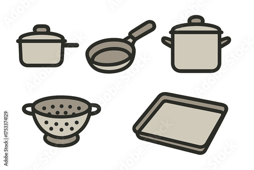 Collection of essential kitchen tools and cooking equipment like saucepan, stockpot, and baking sheet
