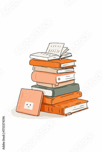 Stack of books with cute book and open book on top illustration