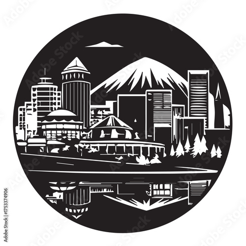 Black and white vector illustration of the portland oregon skyline with mount hood in the background reflected in the willamette river, creating a striking circular emblem isolated on white background