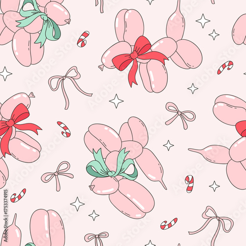 Preppy Cute Coquette Pink Christmas Balloon Dog Pattern. Girly Pastel Holiday Seamless Background for Textile and Wrapping Paper