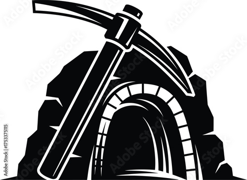 Black and white illustration of a mine entrance with pickaxe tool