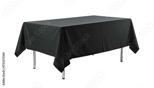 A rectangular table draped with a solid black tablecloth and silver legs on a black background