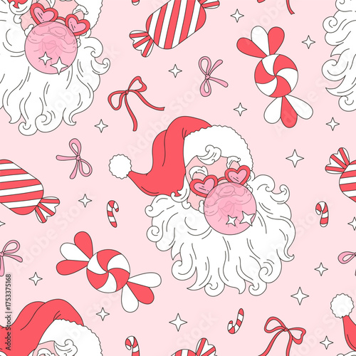 Preppy Coquette Pink Merry Christmas Santa with Bubblegum Seamless Pattern. Cute Girly Sassy Holiday Background for Fabric and Print