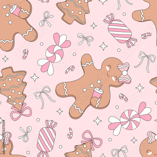 Preppy Retro Coquette Merry Christmas Gingerbread Girl and Peppermint Candy Seamless Pattern. Pastel Christmas Background for Print and Fabric
