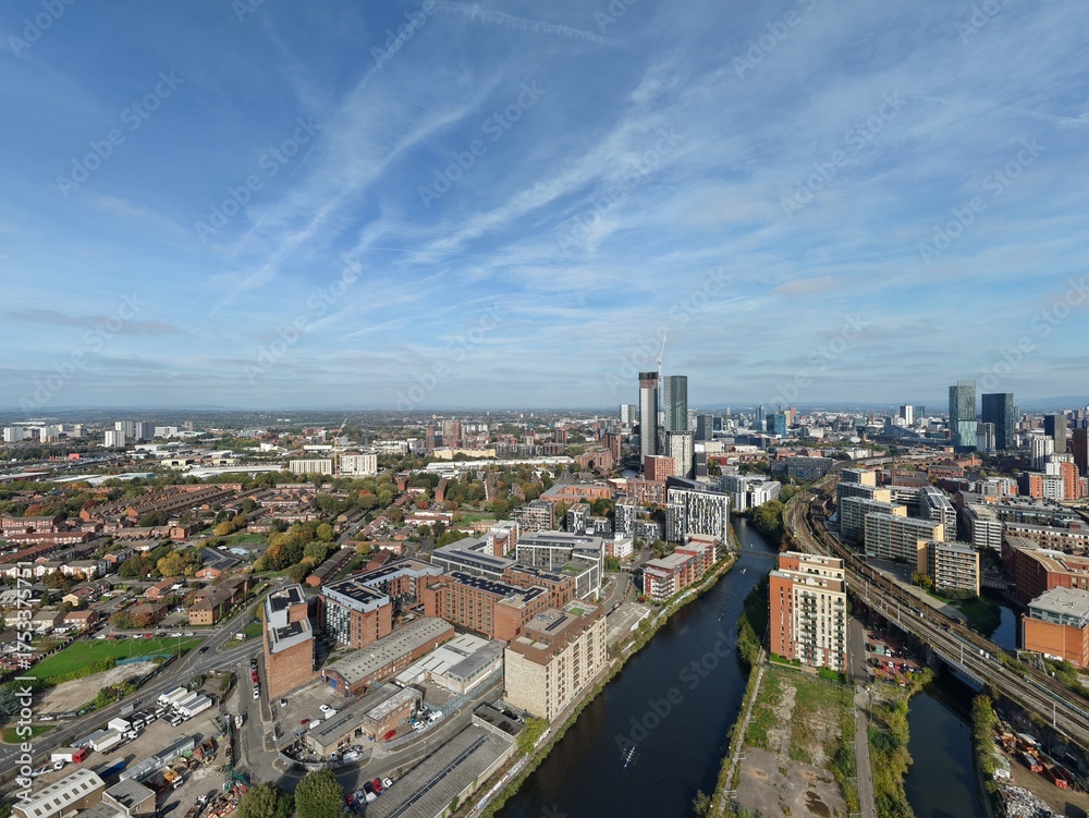 Fototapeta premium Aerial view of the Manchester skyline with incredible modern buildings and landmarks. Manchester England. 
