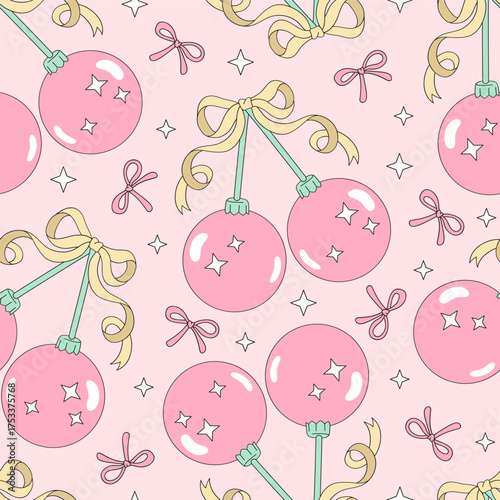 Preppy Coquette Pink Merry Christmas Tree Ball Cherry with Bow Seamless Pattern. Cute Girly Pastel Holiday Surface Design for Fabric, Wallpaper, and Wrapping Paper